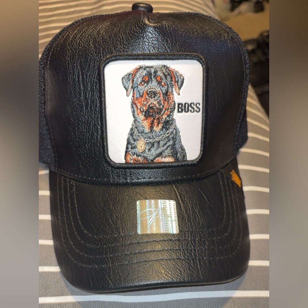 Black Leather Cap With Dog Patch - image 1